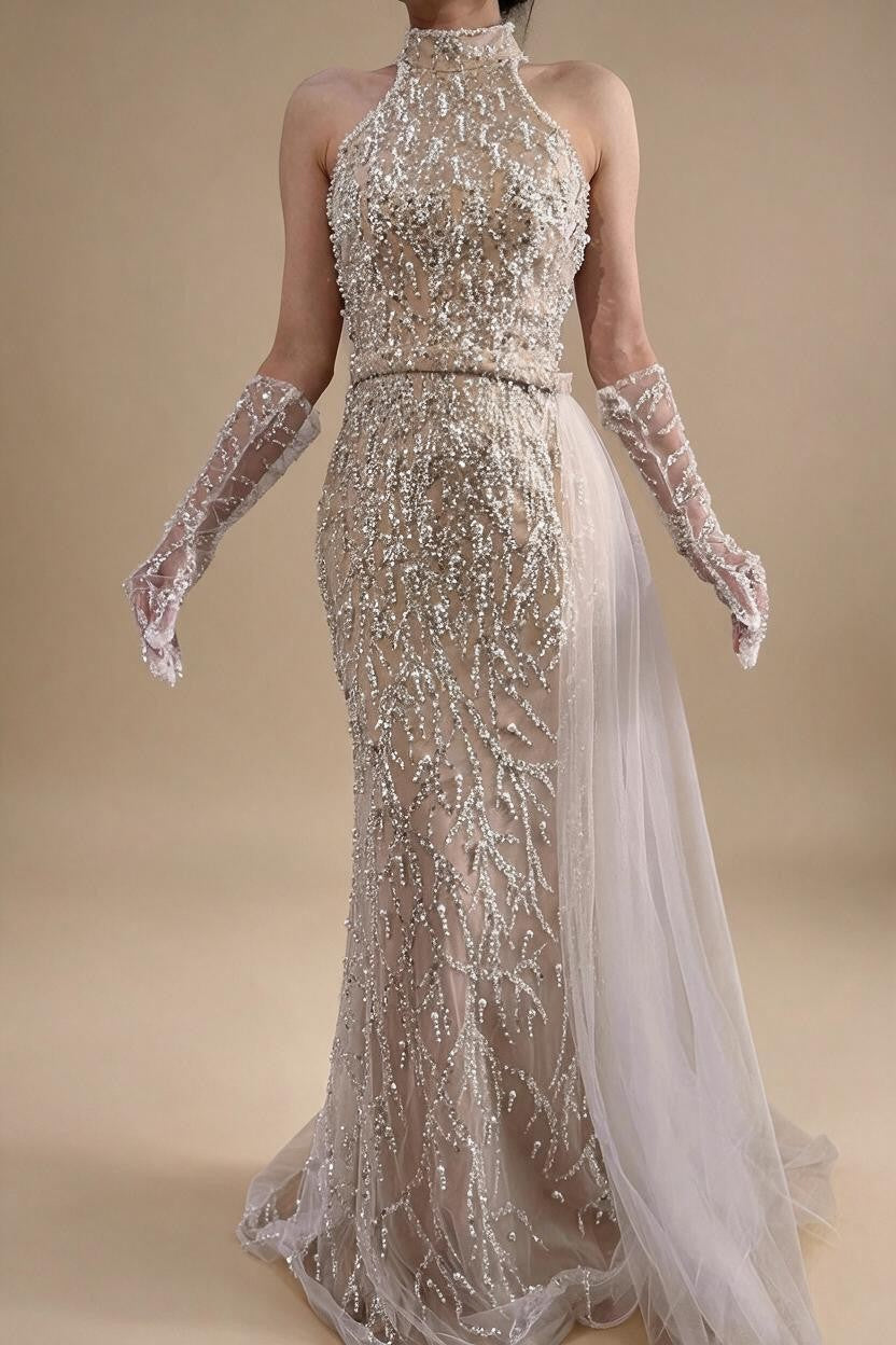 Zapdress White Nude Pearls Halter Mermaid Evening Gowns with Gloves Formal Party Dresses for Women 2026 Customized DLA72345F (ZD17349)