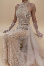 Zapdress White Nude Pearls Halter Mermaid Evening Gowns with Gloves Formal Party Dresses for Women 2026 Customized DLA72345F (ZD17349)