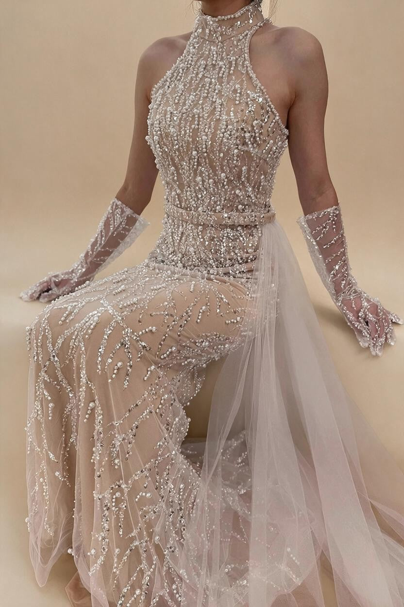 Zapdress White Nude Pearls Halter Mermaid Evening Gowns with Gloves Formal Party Dresses for Women 2026 Customized DLA72345F (ZD17349)