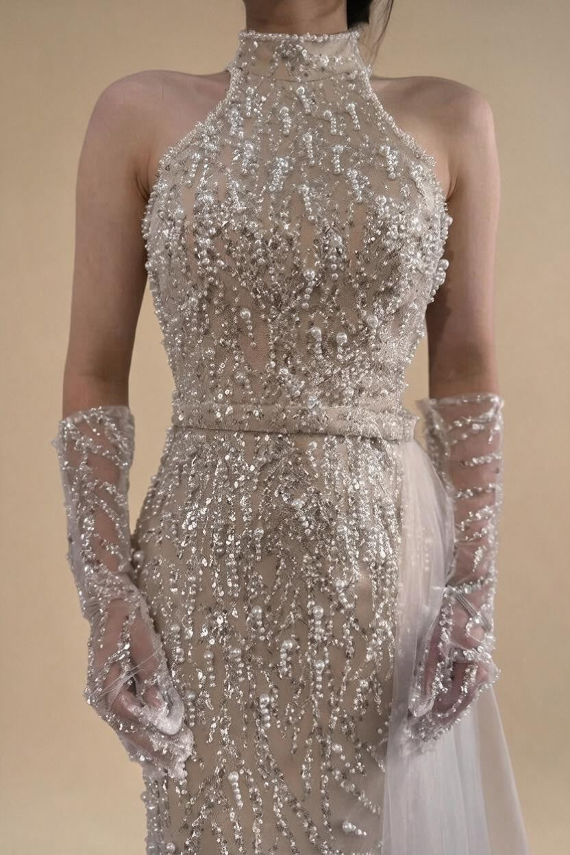 Zapdress White Nude Pearls Halter Mermaid Evening Gowns with Gloves Formal Party Dresses for Women 2026 Customized DLA72345F (ZD17349)