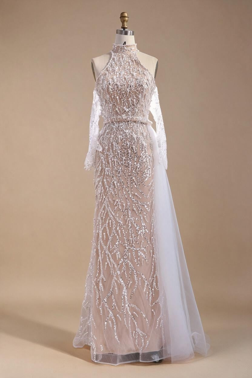 Zapdress White Nude Pearls Halter Mermaid Evening Gowns with Gloves Formal Party Dresses for Women 2026 Customized DLA72345F (ZD17349)