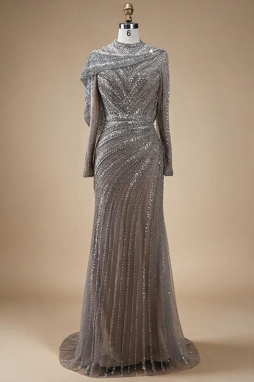 Zapdress 2025 Muslim-inspired Silver Nude Beaded Sparkle Elegant Mermaid Evening Dresses Gowns for Party DLA70752H Customized (ZD17353)