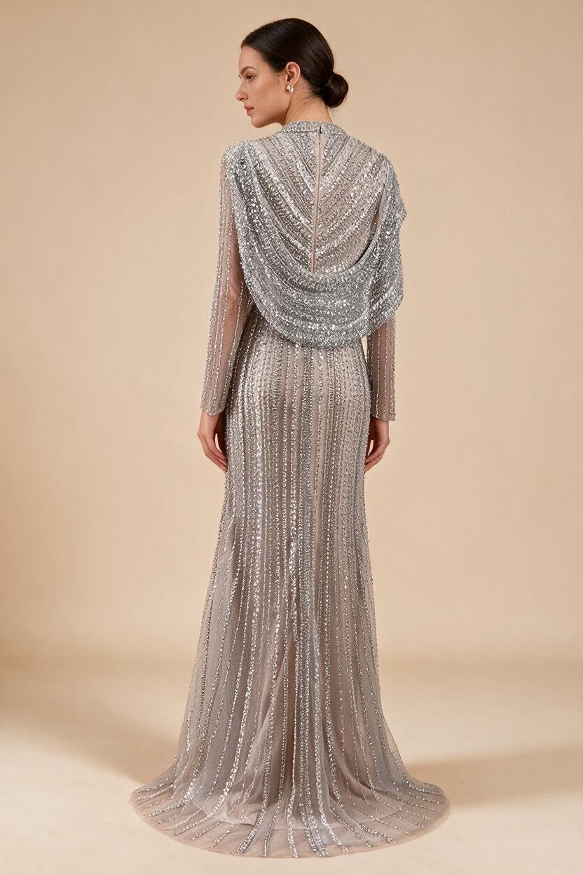 Zapdress 2025 Muslim-inspired Silver Nude Beaded Sparkle Elegant Mermaid Evening Dresses Gowns for Party DLA70752H Customized (ZD17353)