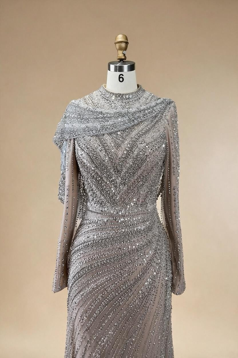 Zapdress 2025 Muslim-inspired Silver Nude Beaded Sparkle Elegant Mermaid Evening Dresses Gowns for Party DLA70752H Customized (ZD17353)