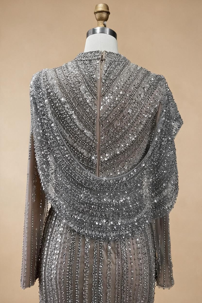 Zapdress 2025 Muslim-inspired Silver Nude Beaded Sparkle Elegant Mermaid Evening Dresses Gowns for Party DLA70752H Customized (ZD17353)