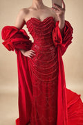 Zapdress Red Strapless Mermaid Pearls Beaded Evening Dresses with Long Cape Wedding Party Gowns 2025 DLA72585A Customized (ZD17356)