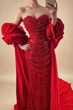 Zapdress Red Strapless Mermaid Pearls Beaded Evening Dresses with Long Cape Wedding Party Gowns 2025 DLA72585A Customized (ZD17356)