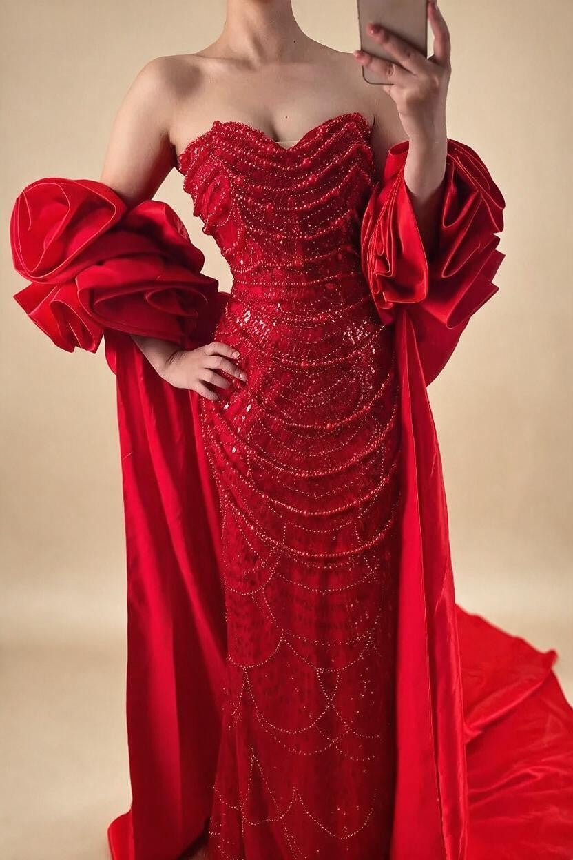 Zapdress Red Strapless Mermaid Pearls Beaded Evening Dresses with Long Cape Wedding Party Gowns 2025 DLA72585A Customized (ZD17356)