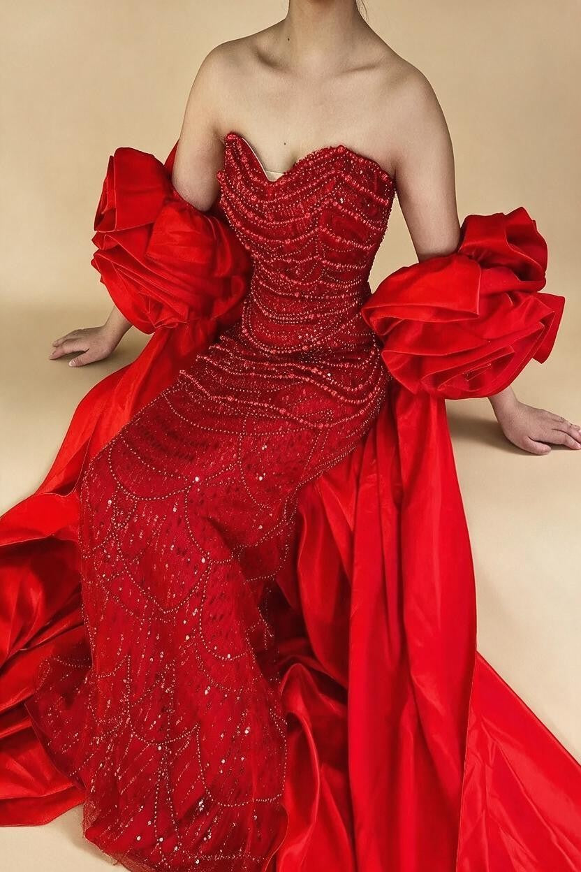 Zapdress Red Strapless Mermaid Pearls Beaded Evening Dresses with Long Cape Wedding Party Gowns 2025 DLA72585A Customized (ZD17356)