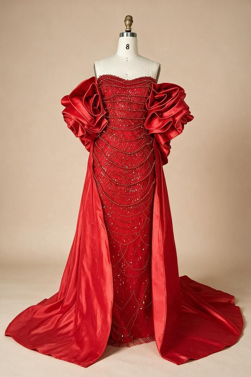 Zapdress Red Strapless Mermaid Pearls Beaded Evening Dresses with Long Cape Wedding Party Gowns 2025 DLA72585A Customized (ZD17356)