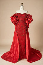 Zapdress Red Strapless Mermaid Pearls Beaded Evening Dresses with Long Cape Wedding Party Gowns 2025 DLA72585A Customized (ZD17356)