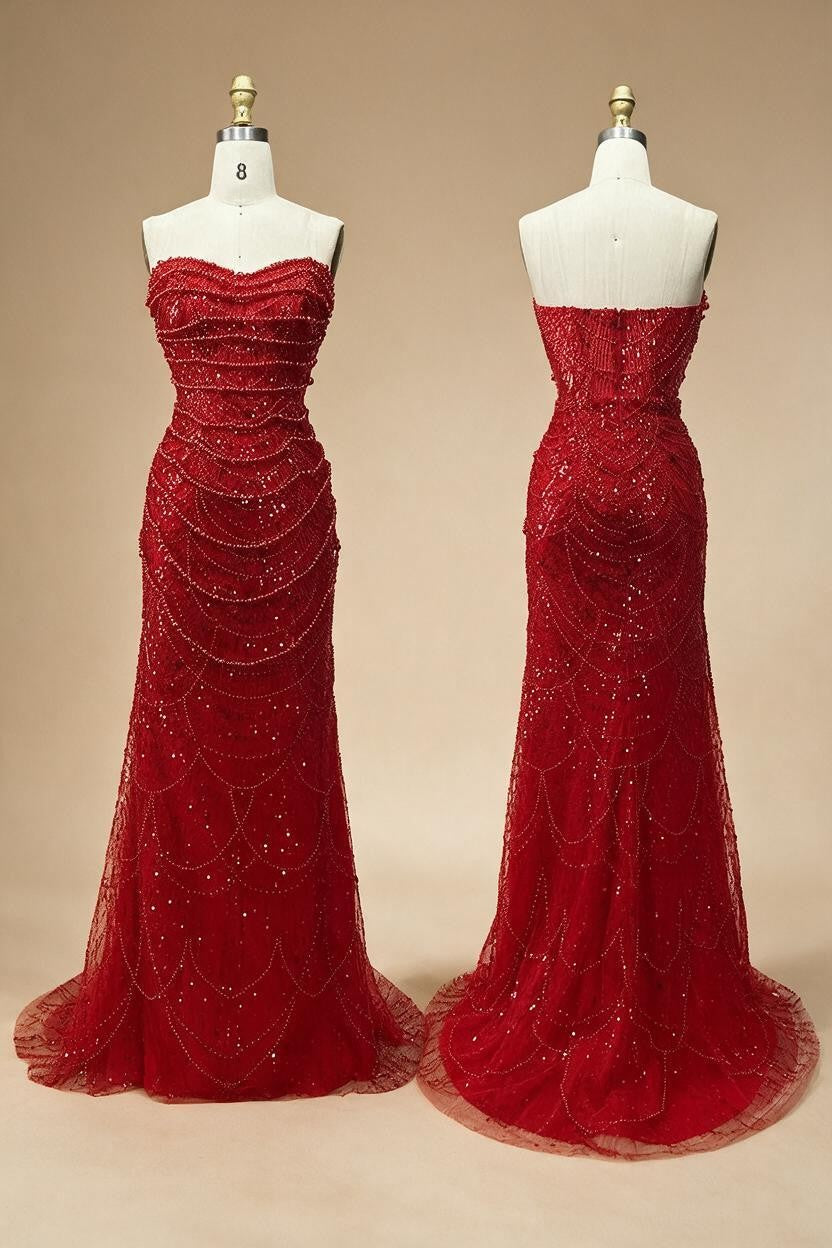 Zapdress Red Strapless Mermaid Pearls Beaded Evening Dresses with Long Cape Wedding Party Gowns 2025 DLA72585A Customized (ZD17356)