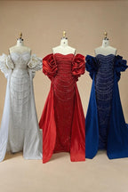 Zapdress Red Strapless Mermaid Pearls Beaded Evening Dresses with Long Cape Wedding Party Gowns 2025 DLA72585A Customized (ZD17356)