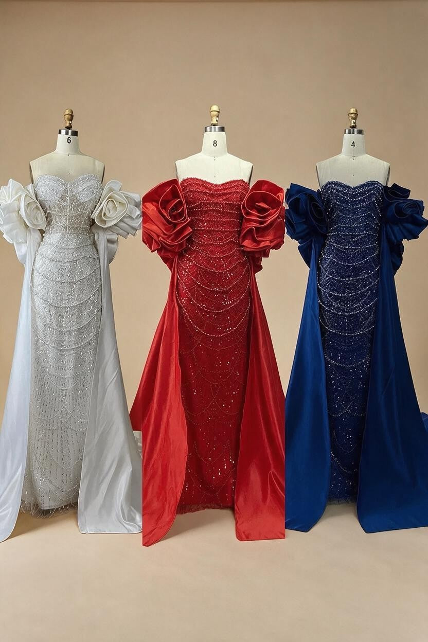 Zapdress Red Strapless Mermaid Pearls Beaded Evening Dresses with Long Cape Wedding Party Gowns 2025 DLA72585A Customized (ZD17356)