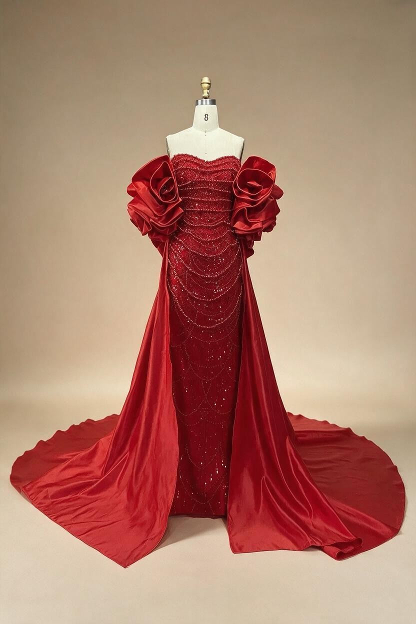 Zapdress Red Strapless Mermaid Pearls Beaded Evening Dresses with Long Cape Wedding Party Gowns 2025 DLA72585A Customized (ZD17356)