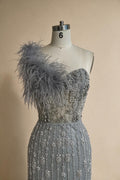Zapdress Gray Mermaid One Shoulder High Split Beaded Feather Evening Dress Party Gowns for Women DLA72347 Customized (ZD17357)