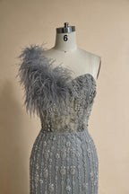 Zapdress Gray Mermaid One Shoulder High Split Beaded Feather Evening Dress Party Gowns for Women DLA72347 Customized (ZD17357)