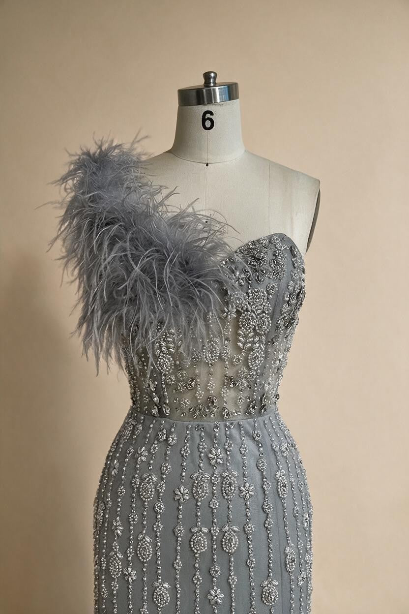 Zapdress Gray Mermaid One Shoulder High Split Beaded Feather Evening Dress Party Gowns for Women DLA72347 Customized (ZD17357)