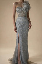 Zapdress Gray Mermaid One Shoulder High Split Beaded Feather Evening Dress Party Gowns for Women DLA72347 Customized (ZD17357)