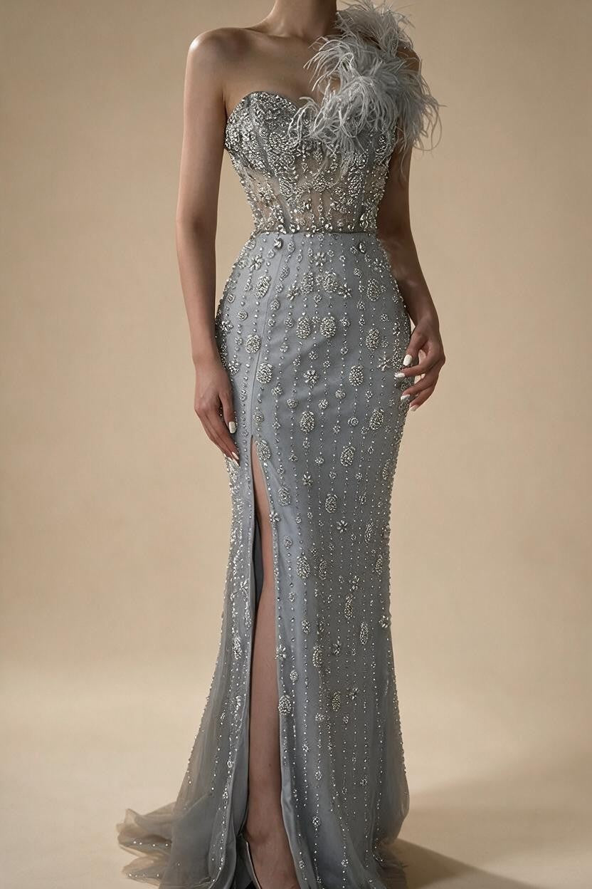 Zapdress Gray Mermaid One Shoulder High Split Beaded Feather Evening Dress Party Gowns for Women DLA72347 Customized (ZD17357)