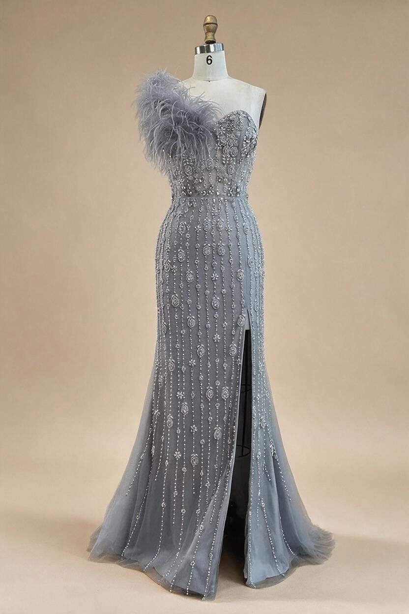 Zapdress Gray Mermaid One Shoulder High Split Beaded Feather Evening Dress Party Gowns for Women DLA72347 Customized (ZD17357)