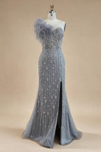 Zapdress Gray Mermaid One Shoulder High Split Beaded Feather Evening Dress Party Gowns for Women DLA72347 Customized (ZD17357)