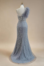 Zapdress Gray Mermaid One Shoulder High Split Beaded Feather Evening Dress Party Gowns for Women DLA72347 Customized (ZD17357)