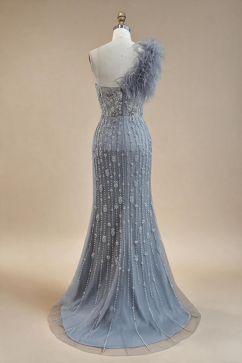 Zapdress Gray Mermaid One Shoulder High Split Beaded Feather Evening Dress Party Gowns for Women DLA72347 Customized (ZD17357)
