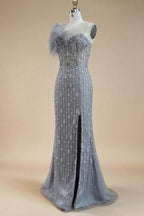 Zapdress Gray Mermaid One Shoulder High Split Beaded Feather Evening Dress Party Gowns for Women DLA72347 Customized (ZD17357)
