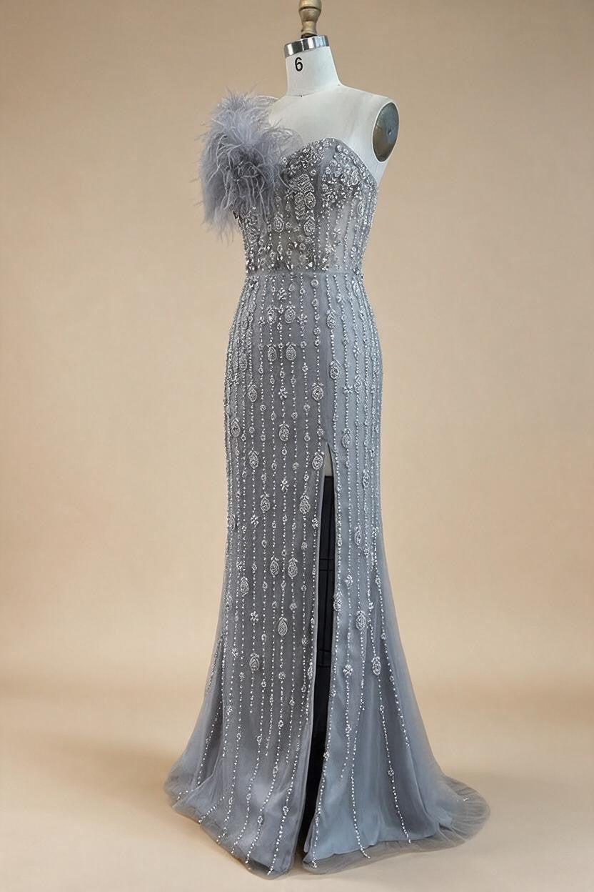 Zapdress Gray Mermaid One Shoulder High Split Beaded Feather Evening Dress Party Gowns for Women DLA72347 Customized (ZD17357)