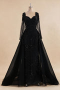 Zapdress Black Long Sleeves Luxury Beaded Evening Dress Overskirt Formal Party Gowns for Women DLA73198 Customized (ZD17358)