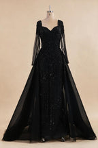 Zapdress Black Long Sleeves Luxury Beaded Evening Dress Overskirt Formal Party Gowns for Women DLA73198 Customized (ZD17358)