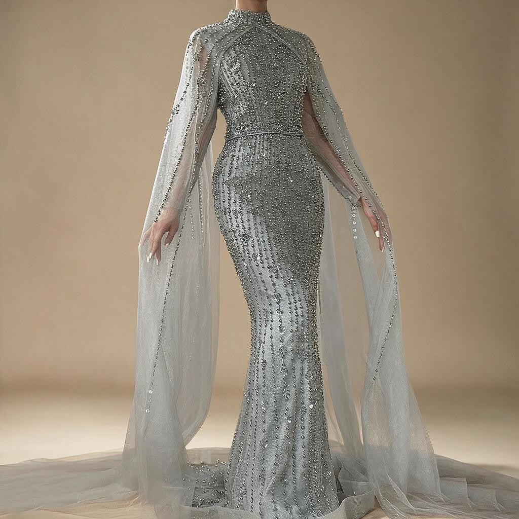 Dubai Grey Mermaid Cape Sleeves Pearls Beaded Elegant Evening Dresses Gowns 2025 Wedding Party DLA72372 Customized (ZD17362)