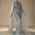 Dubai Grey Mermaid Cape Sleeves Pearls Beaded Elegant Evening Dresses Gowns 2025 Wedding Party DLA72372 Customized (ZD17362)
