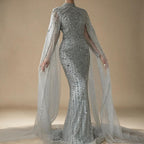 Dubai Grey Mermaid Cape Sleeves Pearls Beaded Elegant Evening Dresses Gowns 2025 Wedding Party DLA72372 Customized (ZD17362)