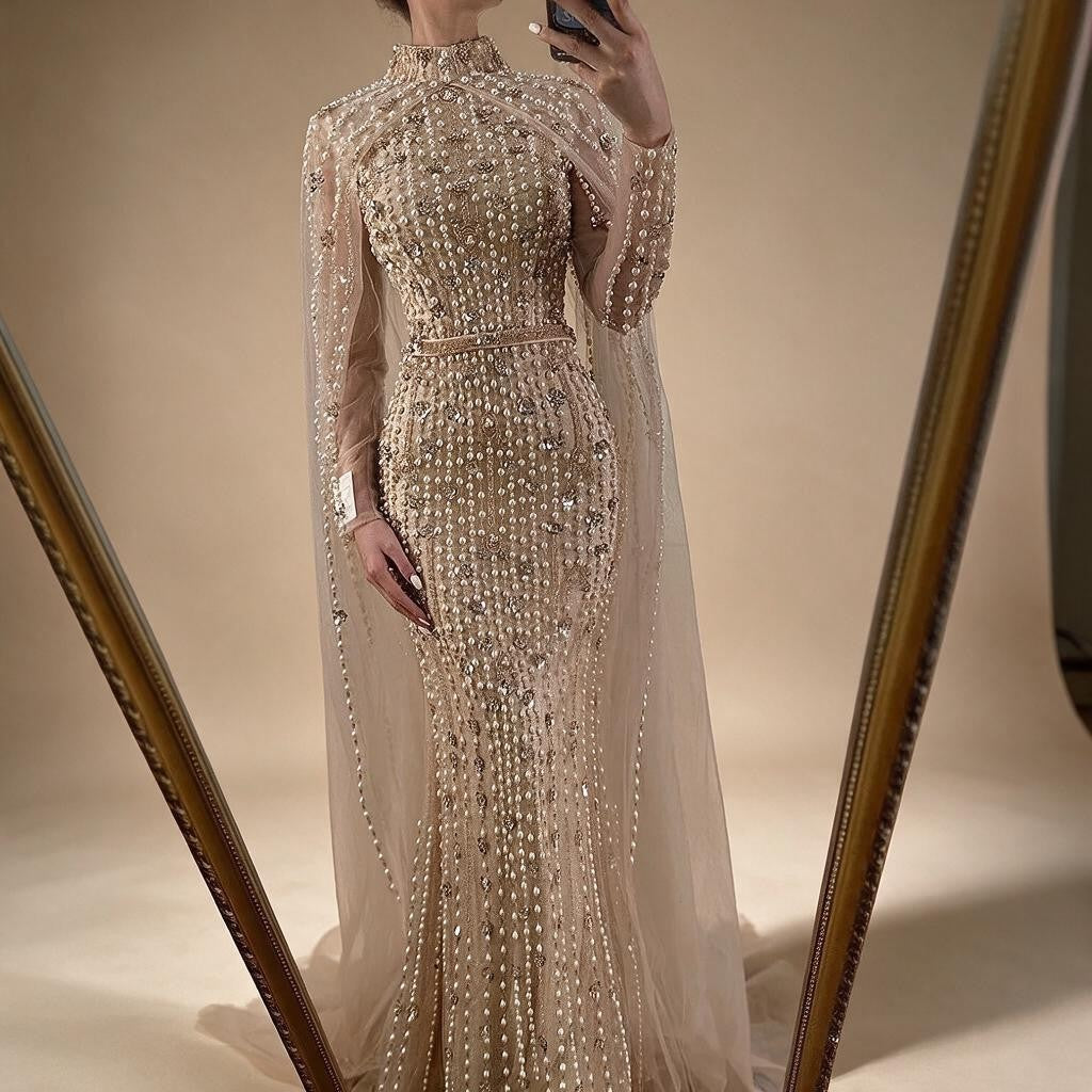 Dubai Grey Mermaid Cape Sleeves Pearls Beaded Elegant Evening Dresses Gowns 2025 Wedding Party DLA72372 Customized (ZD17362)