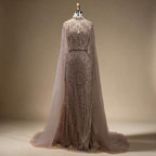 Dubai Grey Mermaid Cape Sleeves Pearls Beaded Elegant Evening Dresses Gowns 2025 Wedding Party DLA72372 Customized (ZD17362)