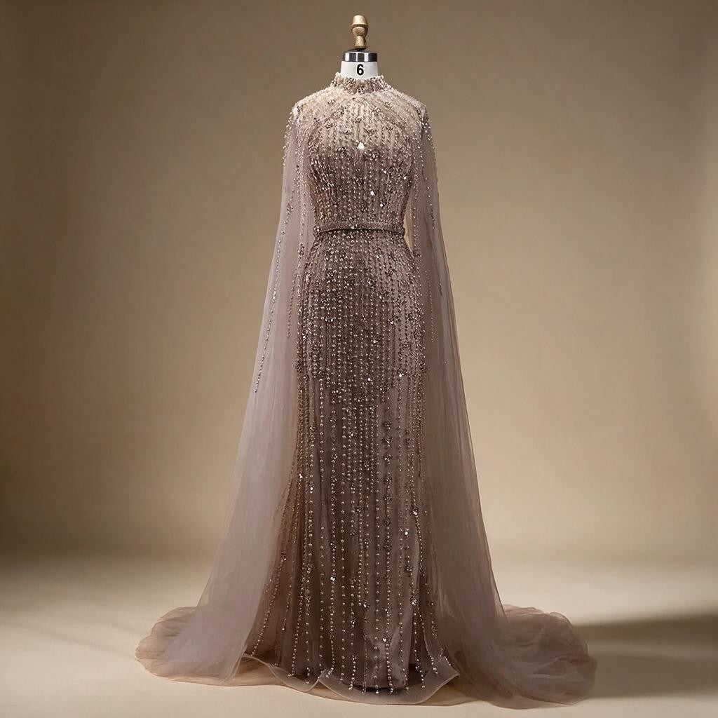 Dubai Grey Mermaid Cape Sleeves Pearls Beaded Elegant Evening Dresses Gowns 2025 Wedding Party DLA72372 Customized (ZD17362)