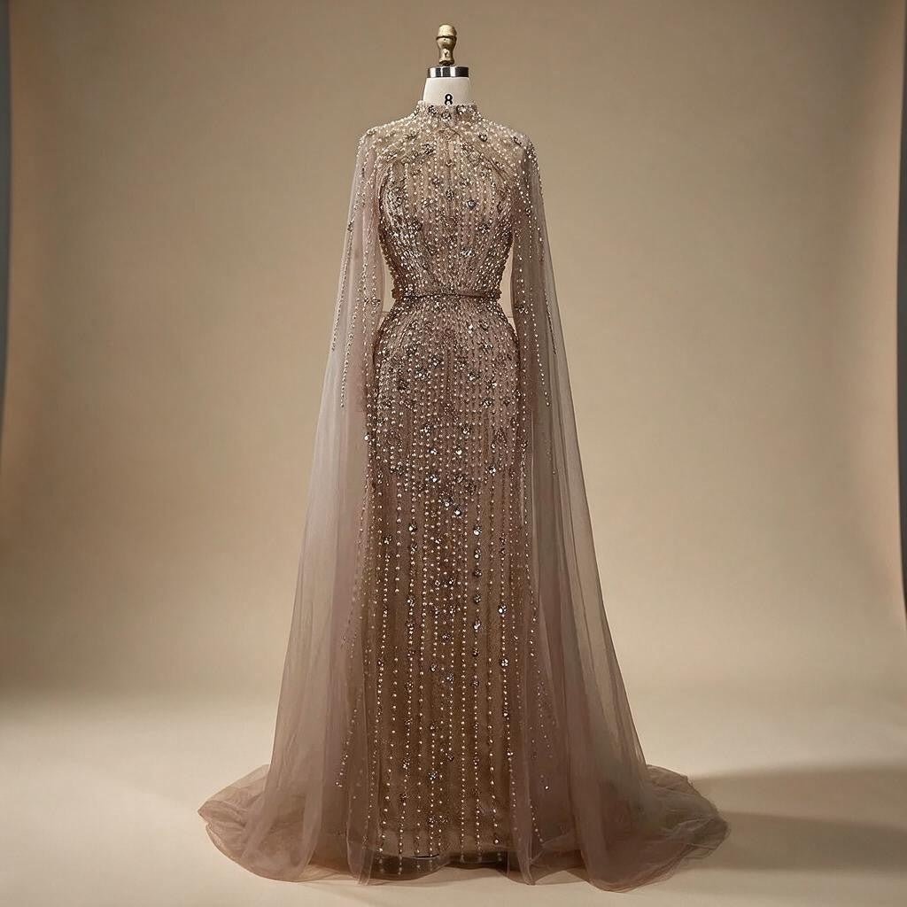 Dubai Grey Mermaid Cape Sleeves Pearls Beaded Elegant Evening Dresses Gowns 2025 Wedding Party DLA72372 Customized (ZD17362)