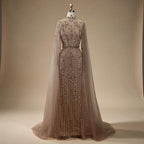 Dubai Grey Mermaid Cape Sleeves Pearls Beaded Elegant Evening Dresses Gowns 2025 Wedding Party DLA72372 Customized (ZD17362)