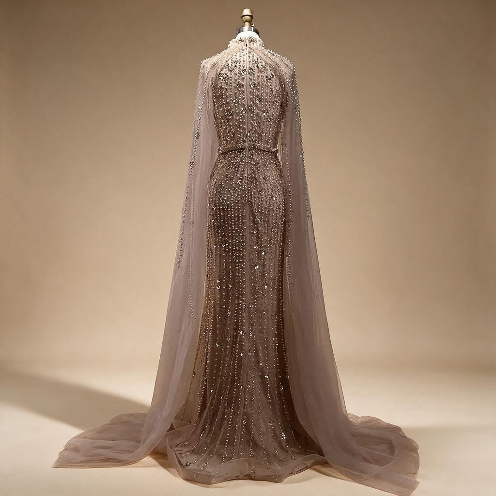 Dubai Grey Mermaid Cape Sleeves Pearls Beaded Elegant Evening Dresses Gowns 2025 Wedding Party DLA72372 Customized (ZD17362)