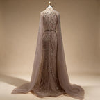 Dubai Grey Mermaid Cape Sleeves Pearls Beaded Elegant Evening Dresses Gowns 2025 Wedding Party DLA72372 Customized (ZD17362)