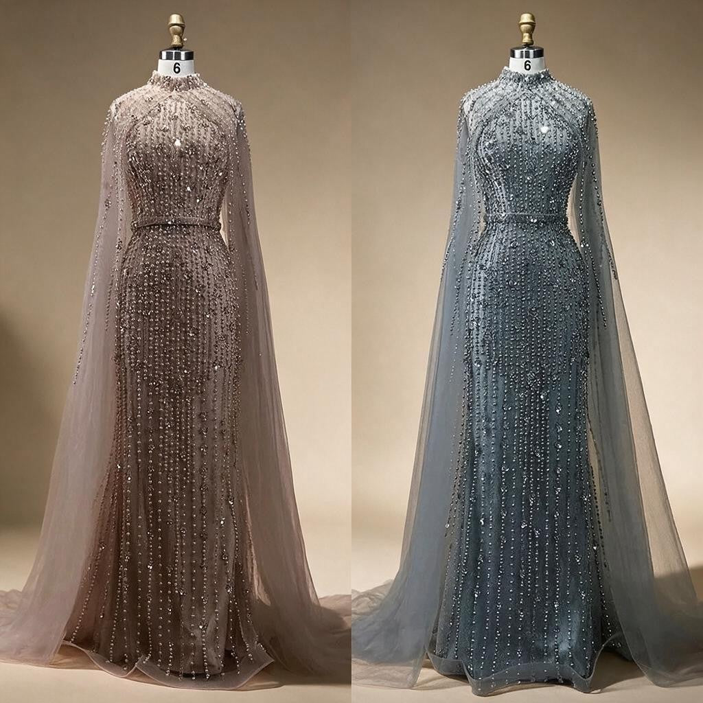 Dubai Grey Mermaid Cape Sleeves Pearls Beaded Elegant Evening Dresses Gowns 2025 Wedding Party DLA72372 Customized (ZD17362)
