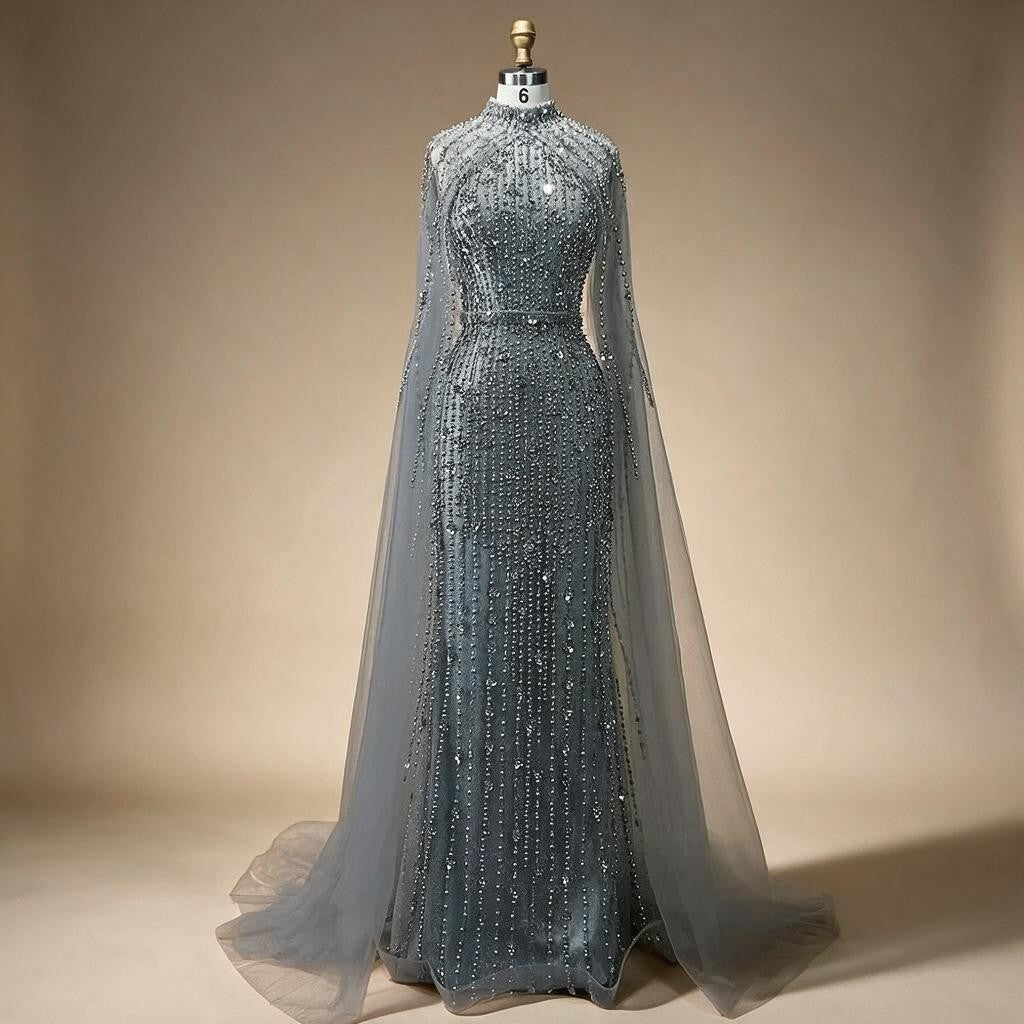 Dubai Grey Mermaid Cape Sleeves Pearls Beaded Elegant Evening Dresses Gowns 2025 Wedding Party DLA72372 Customized (ZD17362)