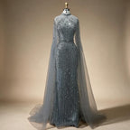 Dubai Grey Mermaid Cape Sleeves Pearls Beaded Elegant Evening Dresses Gowns 2025 Wedding Party DLA72372 Customized (ZD17362)