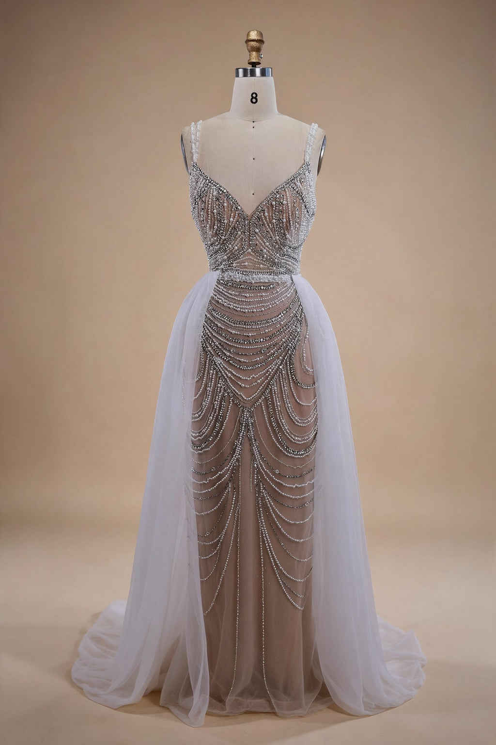 Zapdress White Nude V-neck Sleeveless Mermaid Beaded Evening Dress with Overskirt Wedding Party Gowns DLA72253A Customized (ZD17367)