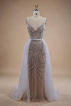 Zapdress White Nude V-neck Sleeveless Mermaid Beaded Evening Dress with Overskirt Wedding Party Gowns DLA72253A Customized (ZD17367)