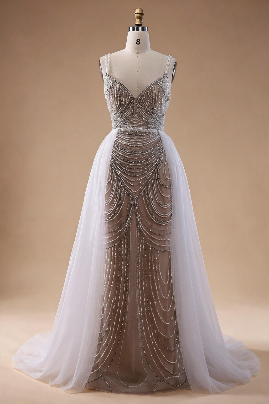 Zapdress White Nude V-neck Sleeveless Mermaid Beaded Evening Dress with Overskirt Wedding Party Gowns DLA72253A Customized (ZD17367)