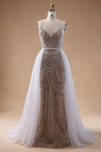 Zapdress White Nude V-neck Sleeveless Mermaid Beaded Evening Dress with Overskirt Wedding Party Gowns DLA72253A Customized (ZD17367)