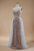 Zapdress White Nude V-neck Sleeveless Mermaid Beaded Evening Dress with Overskirt Wedding Party Gowns DLA72253A Customized (ZD17367)